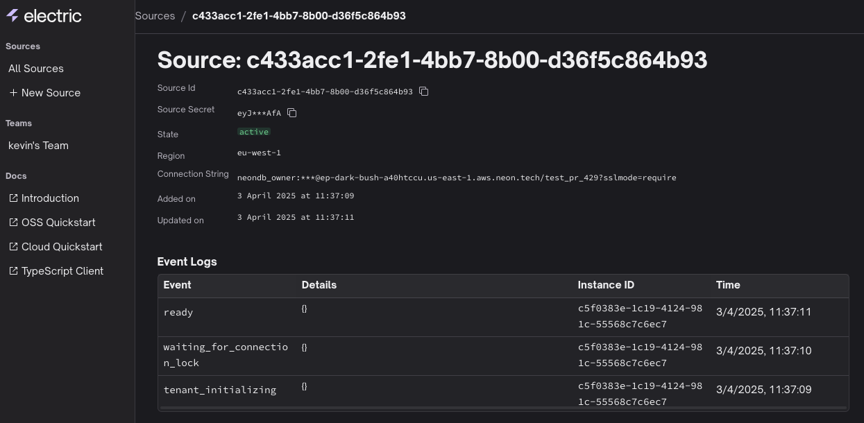 Source details in cloud dashboard